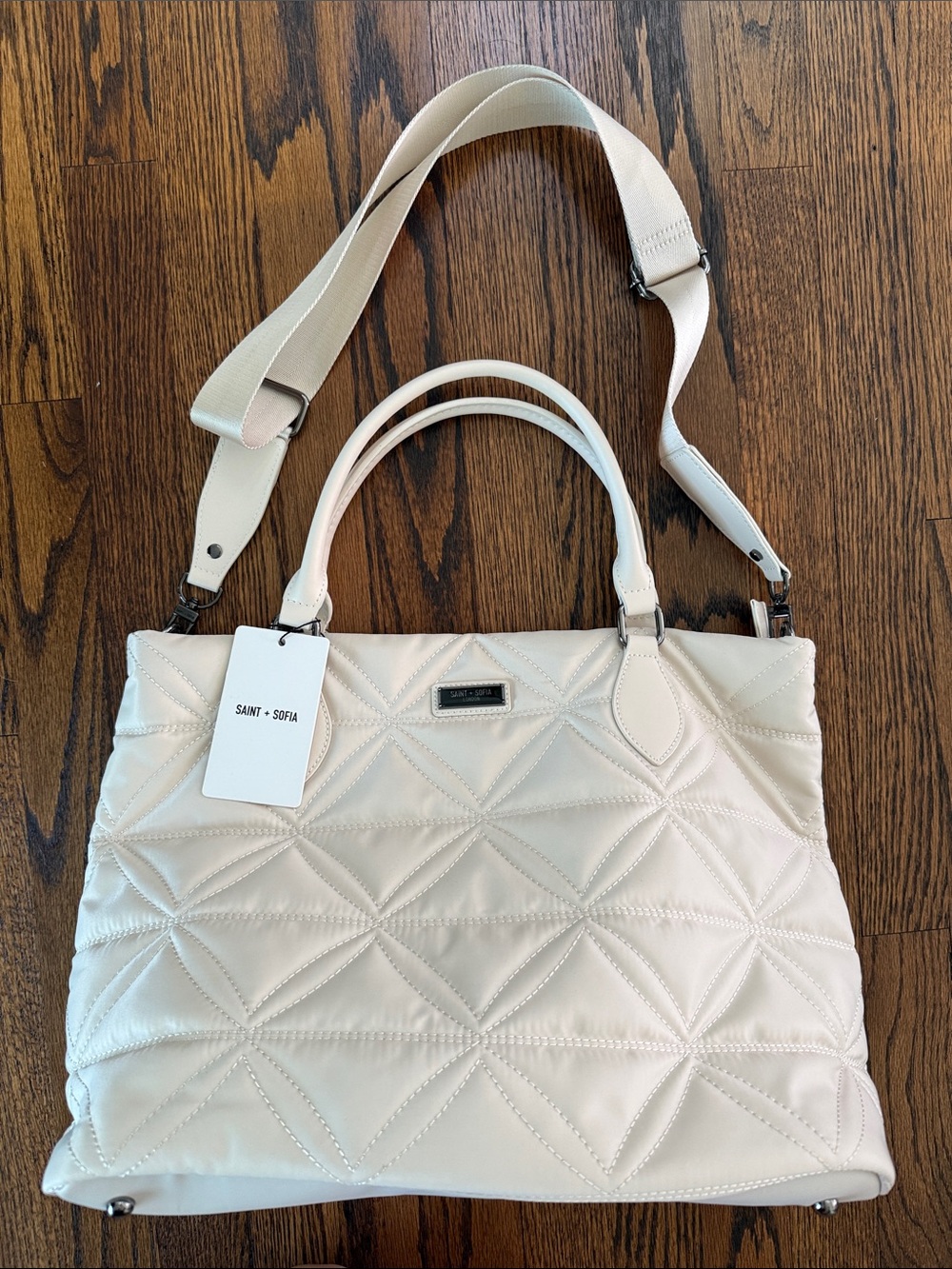 SAINT + SOFIA Cream Quilted Selene Shoulder Shopper Tote with Removable Strap